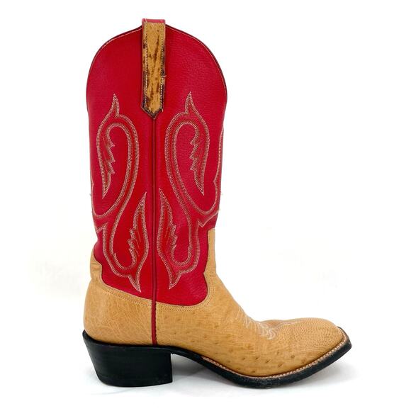 Rios of Mercedes Red Western Ostrich Orange Leather Square Toe Cowboy Boots 7B - Picture 3 of 16
